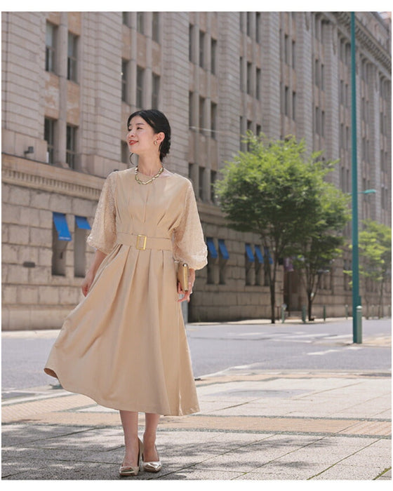 (ベルト付き)ステンドグラスレースのタックワンピース