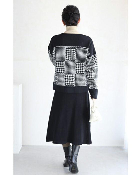 千鳥格子柄カーディガンとリブニットワンピースの2点セット