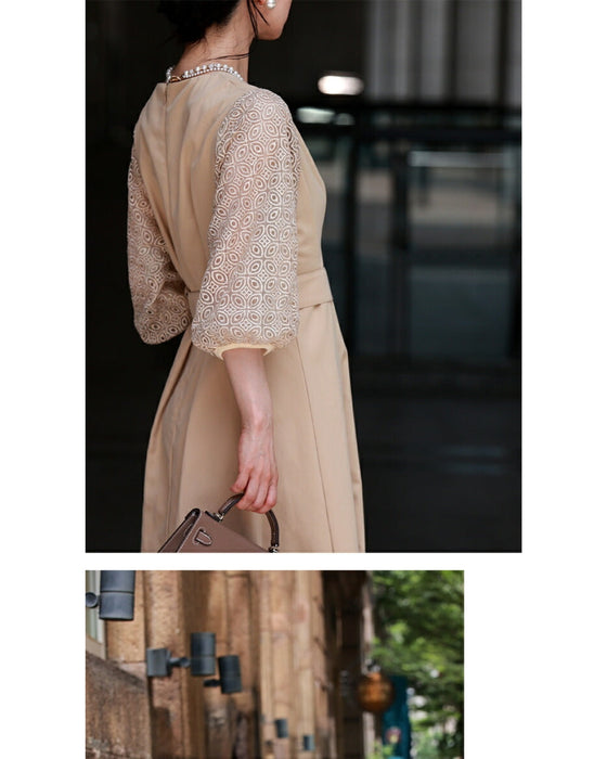 (ベルト付き)ステンドグラスレースのタックワンピース