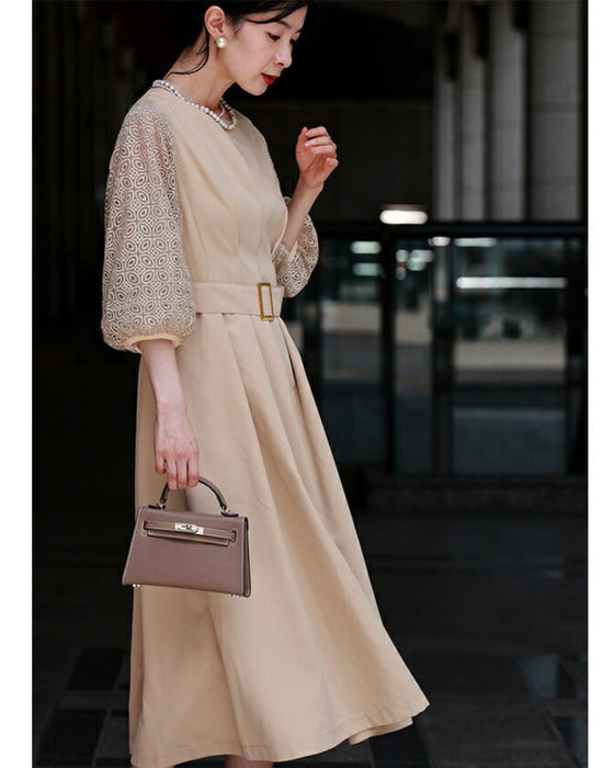 (ベルト付き)ステンドグラスレースのタックワンピース