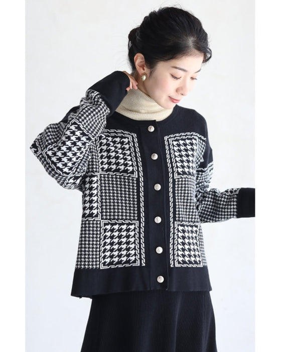 千鳥格子柄カーディガンとリブニットワンピースの2点セット