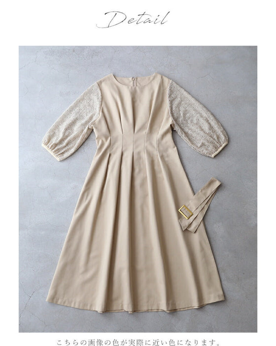 (ベルト付き)ステンドグラスレースのタックワンピース