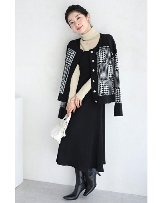 千鳥格子柄カーディガンとリブニットワンピースの2点セット