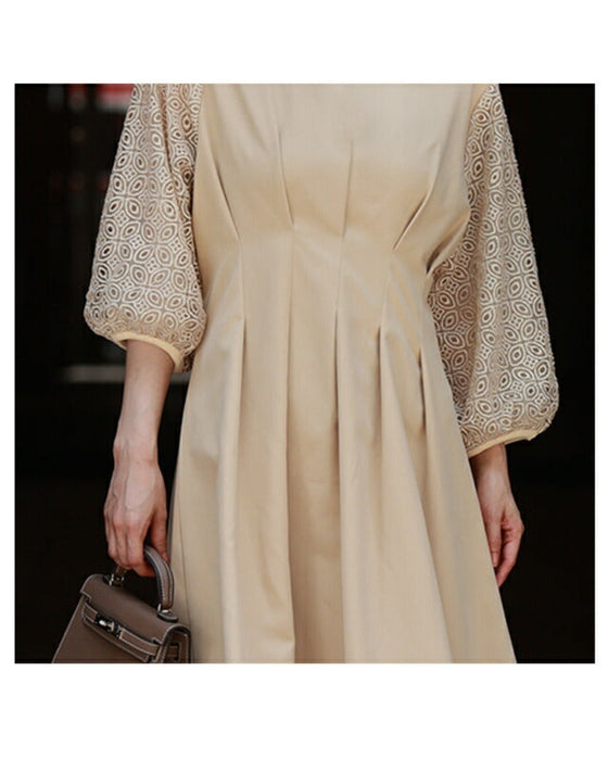 (ベルト付き)ステンドグラスレースのタックワンピース