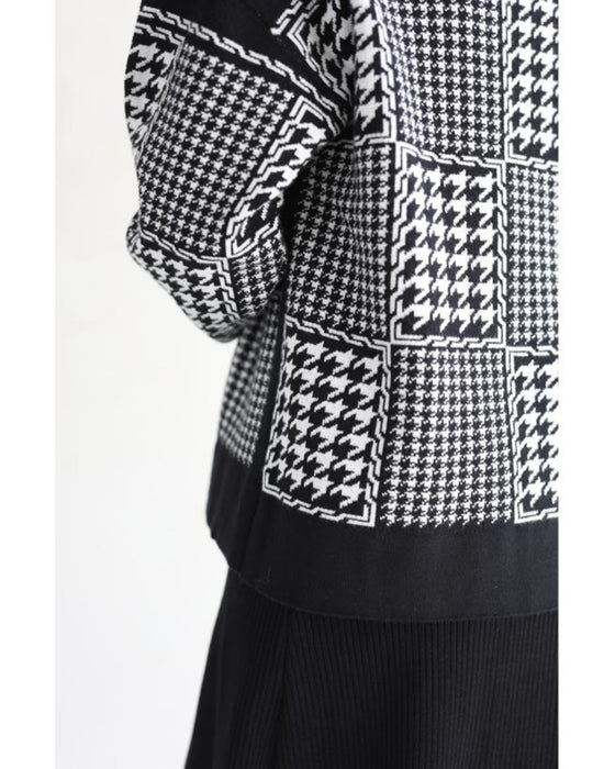 千鳥格子柄カーディガンとリブニットワンピースの2点セット