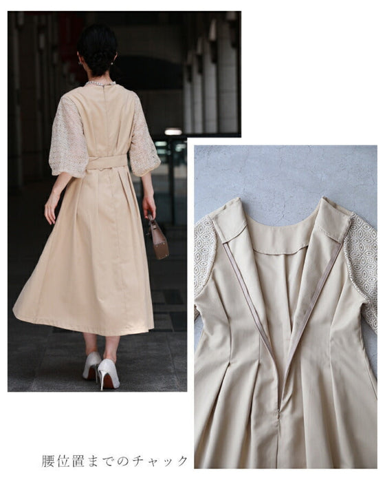 (ベルト付き)ステンドグラスレースのタックワンピース