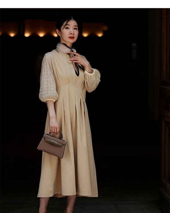 (ベルト付き)ステンドグラスレースのタックワンピース