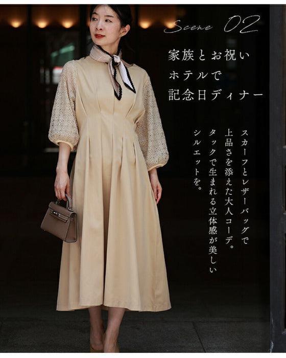 (ベルト付き)ステンドグラスレースのタックワンピース