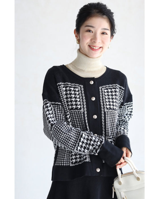 千鳥格子柄カーディガンとリブニットワンピースの2点セット