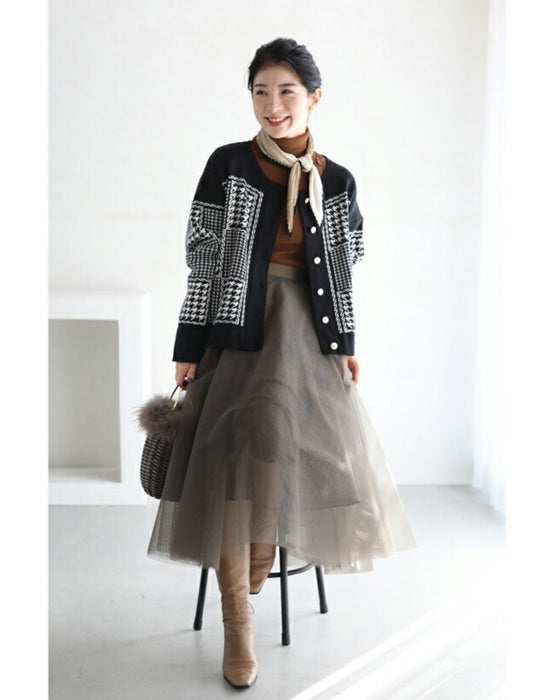 千鳥格子柄カーディガンとリブニットワンピースの2点セット