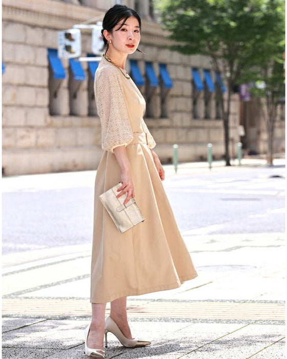 (ベルト付き)ステンドグラスレースのタックワンピース