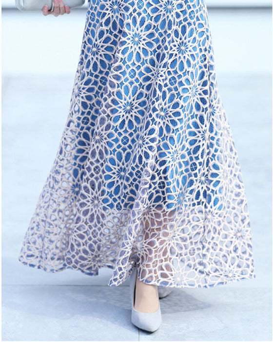 (ライトブルー)一目惚れカッティング花レースの爽やかスカート