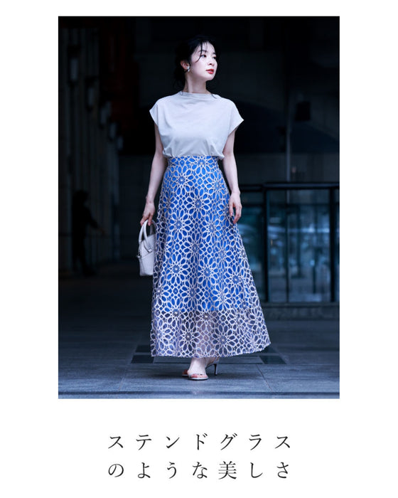 (ライトブルー)一目惚れカッティング花レースの爽やかスカート