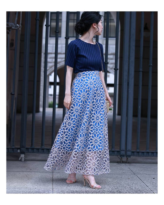 (ライトブルー)一目惚れカッティング花レースの爽やかスカート