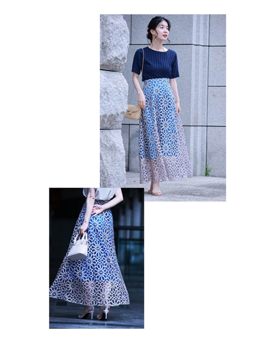 (ライトブルー)一目惚れカッティング花レースの爽やかスカート