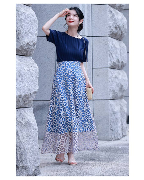 (ライトブルー)一目惚れカッティング花レースの爽やかスカート