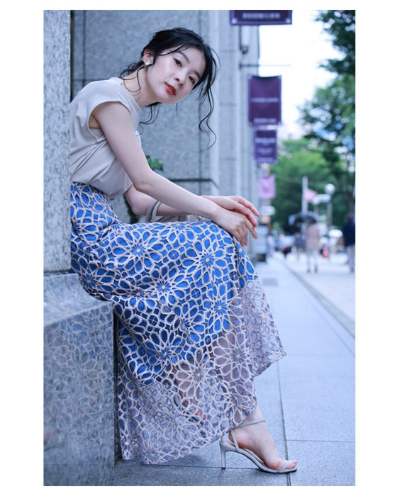 (ライトブルー)一目惚れカッティング花レースの爽やかスカート