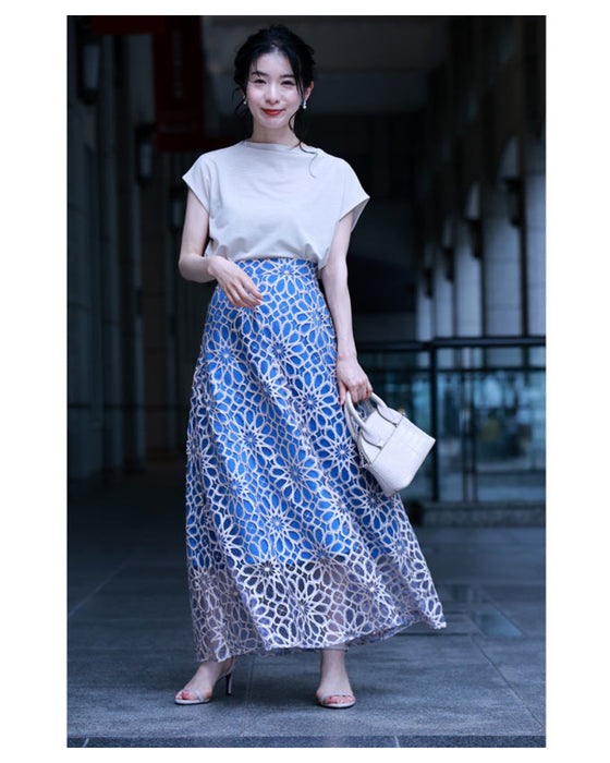 (ライトブルー)一目惚れカッティング花レースの爽やかスカート