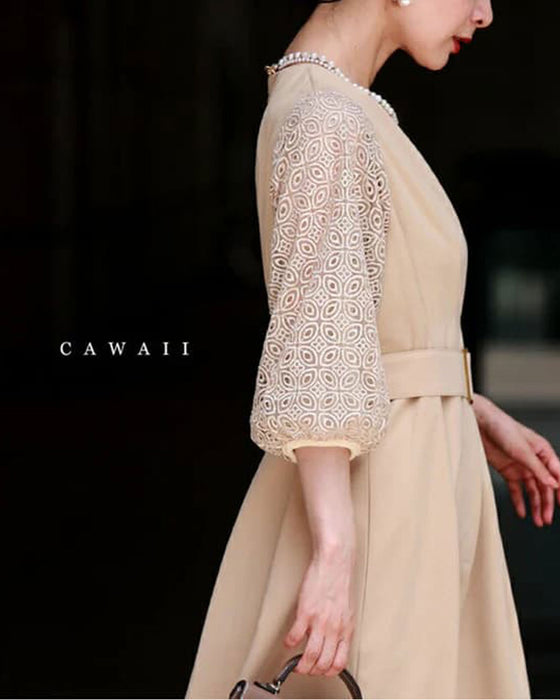 (ベルト付き)ステンドグラスレースのタックワンピース