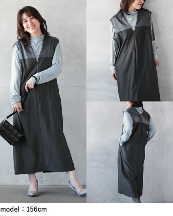 A shiny jumper skirt with a fashionable two-tone design