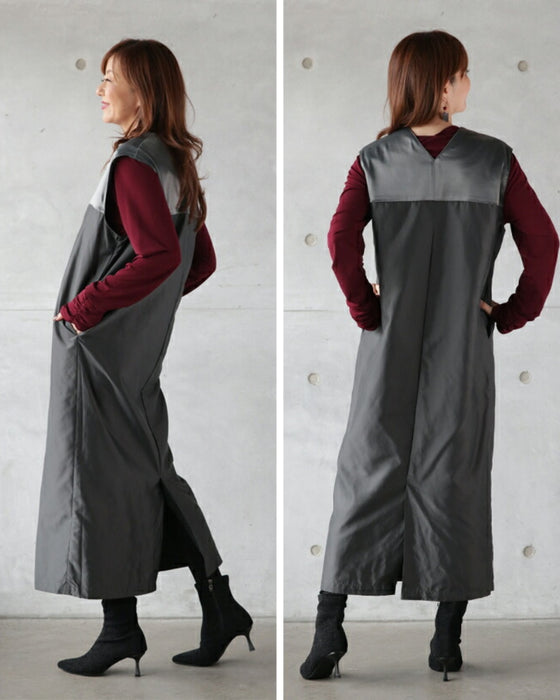 A shiny jumper skirt with a fashionable two-tone design