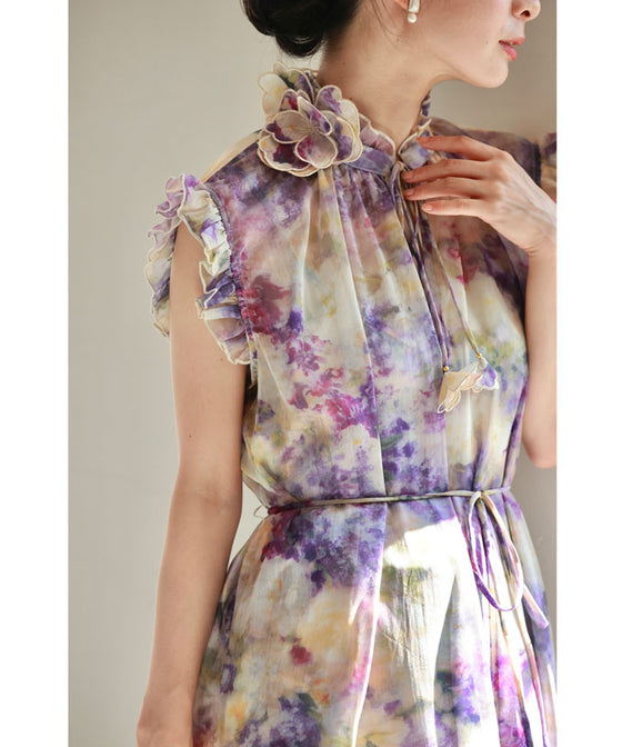 花飾りネックのロマンティックシフォンワンピース(紐ベルト・インナー付き)