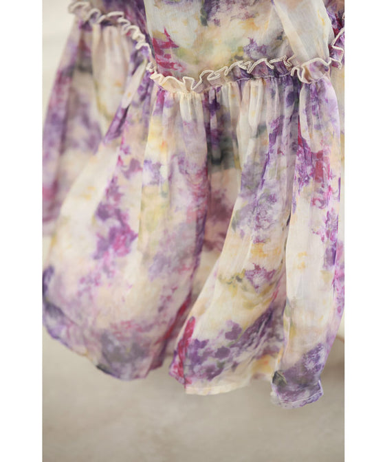 花飾りネックのロマンティックシフォンワンピース(紐ベルト・インナー付き)