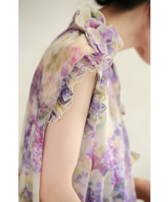 花飾りネックのロマンティックシフォンワンピース(紐ベルト・インナー付き)