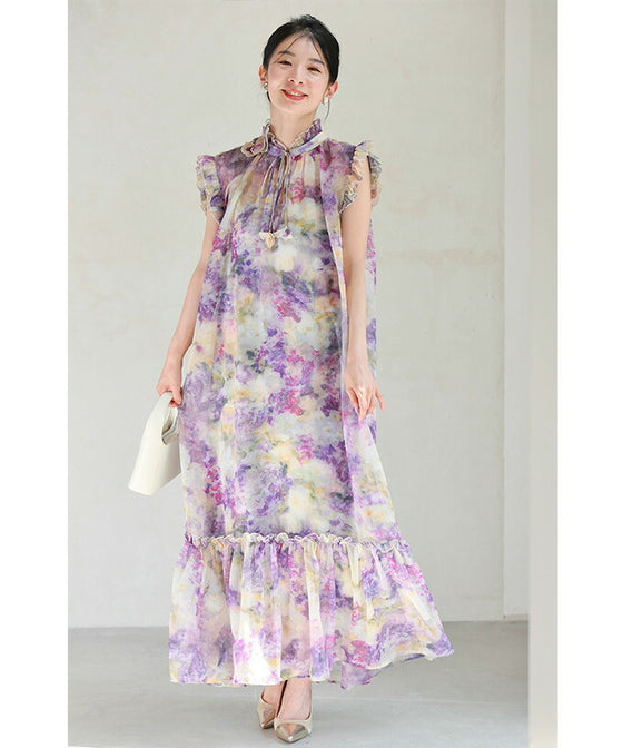 花飾りネックのロマンティックシフォンワンピース(紐ベルト・インナー付き)