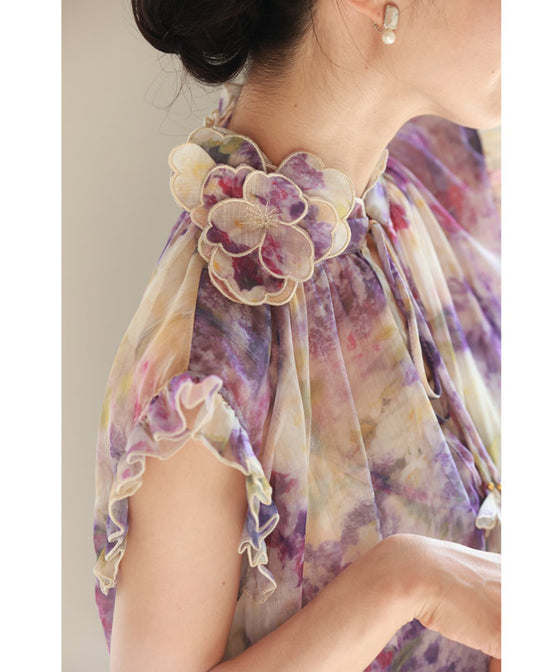 花飾りネックのロマンティックシフォンワンピース(紐ベルト・インナー付き)