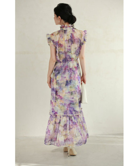 花飾りネックのロマンティックシフォンワンピース(紐ベルト・インナー付き)