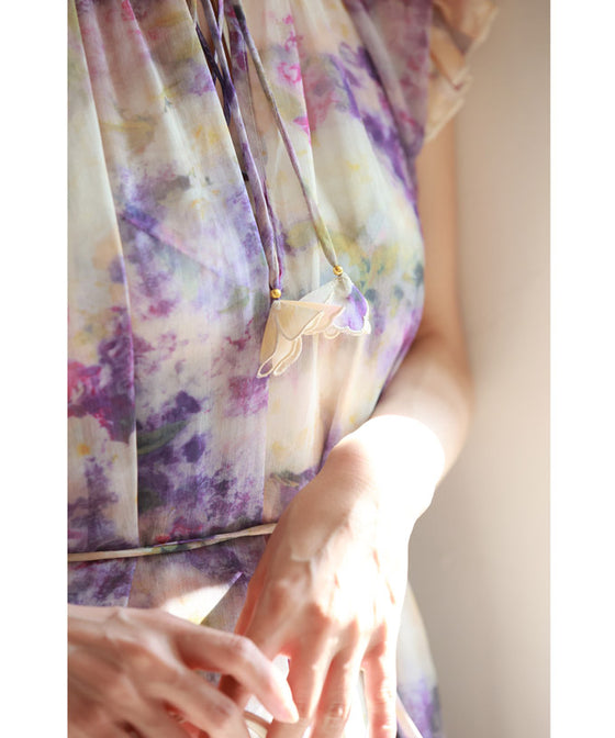 花飾りネックのロマンティックシフォンワンピース(紐ベルト・インナー付き)