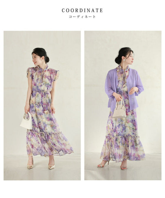 花飾りネックのロマンティックシフォンワンピース(紐ベルト・インナー付き)