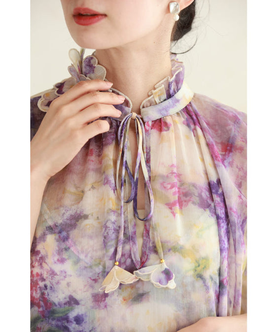 花飾りネックのロマンティックシフォンワンピース(紐ベルト・インナー付き)