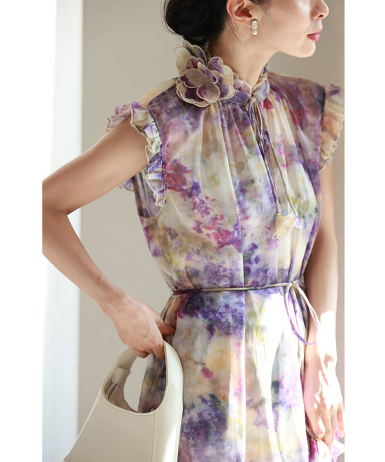 花飾りネックのロマンティックシフォンワンピース(紐ベルト・インナー付き)