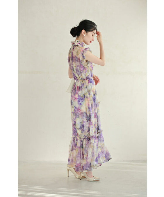 花飾りネックのロマンティックシフォンワンピース(紐ベルト・インナー付き)