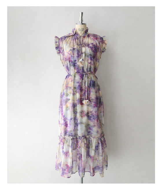 花飾りネックのロマンティックシフォンワンピース(紐ベルト・インナー付き)