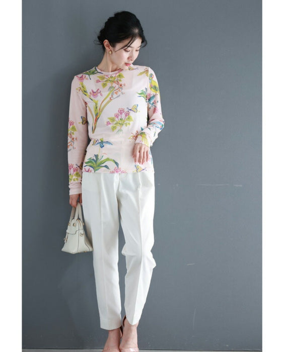 Sheer cut-and-sew top featuring animals and plants living in paradise