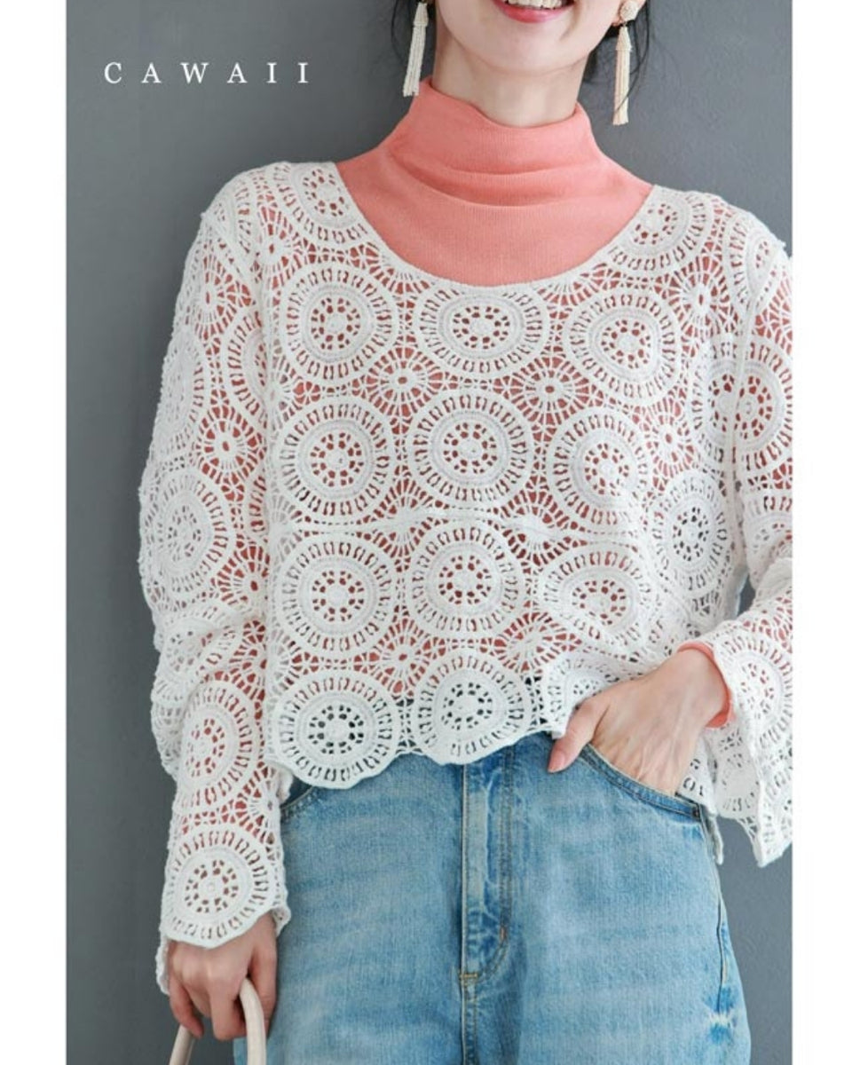 再入荷11月15日 サークル レース の クロシェ 編み風 プルオーバー トップス cawaii w60869ps 長袖 透かし 重ね着 ホワイト オシャレ 個性的 大人可愛い エレガント 上品 春 夏 秋 綿100％ レディース ファッション ミセス 30代 40代 50代 サークルレースのクロシェ編み風プルオーバートップス – ONE PEACE ONLINE