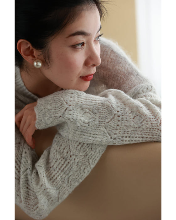 ふんわりモヘア風の切り替え柄ニットプルオーバートップス