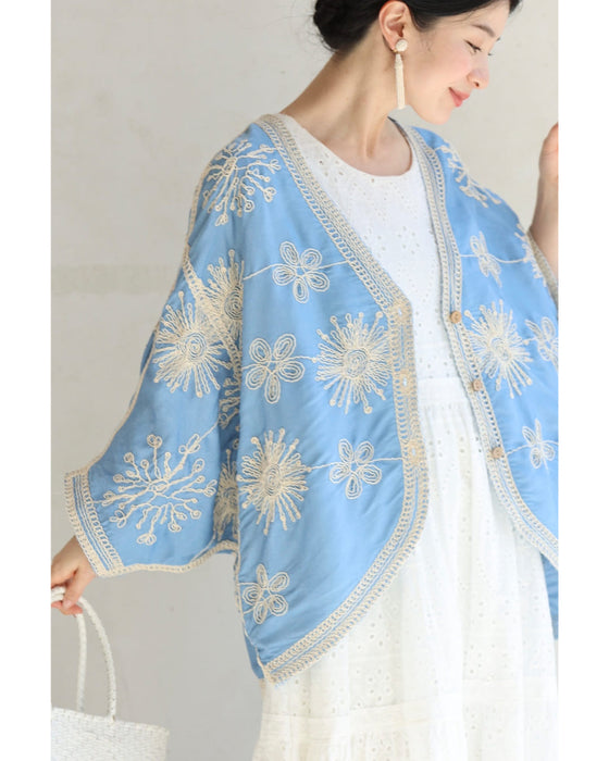 脚長見えXラインの花刺繍ドルマンボレロカーディガン