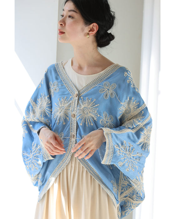 脚長見えXラインの花刺繍ドルマンボレロカーディガン