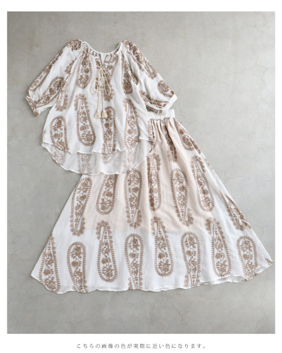 ビジュー散りばめたペイズリー刺繍ブラウスとスカートの2点セット【set】