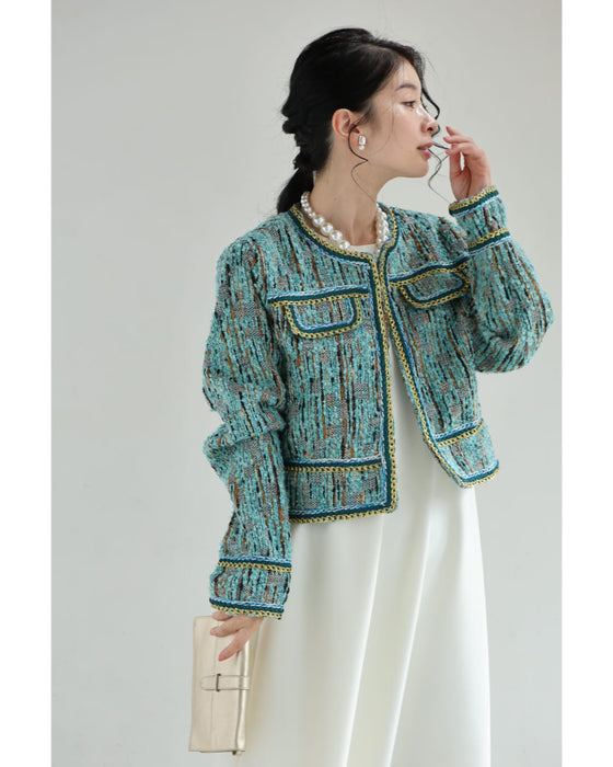 ブルーとゴールドのキレイ色ミックスツイードジャケット