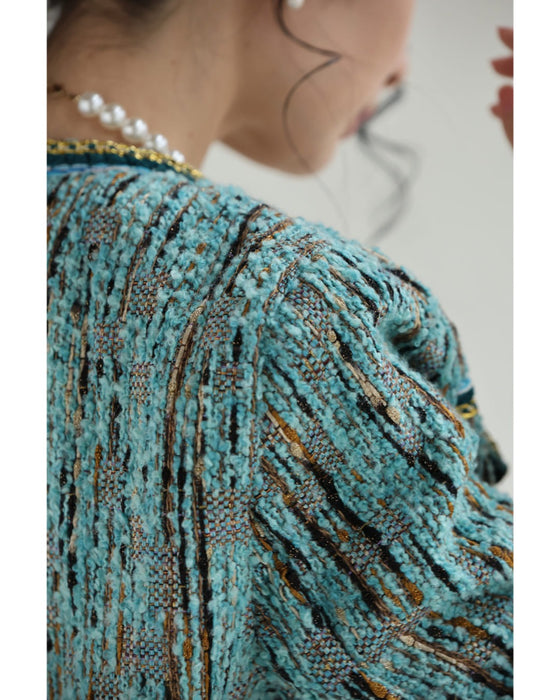 ブルーとゴールドのキレイ色ミックスツイードジャケット