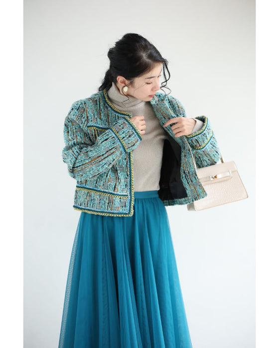 ブルーとゴールドのキレイ色ミックスツイードジャケット