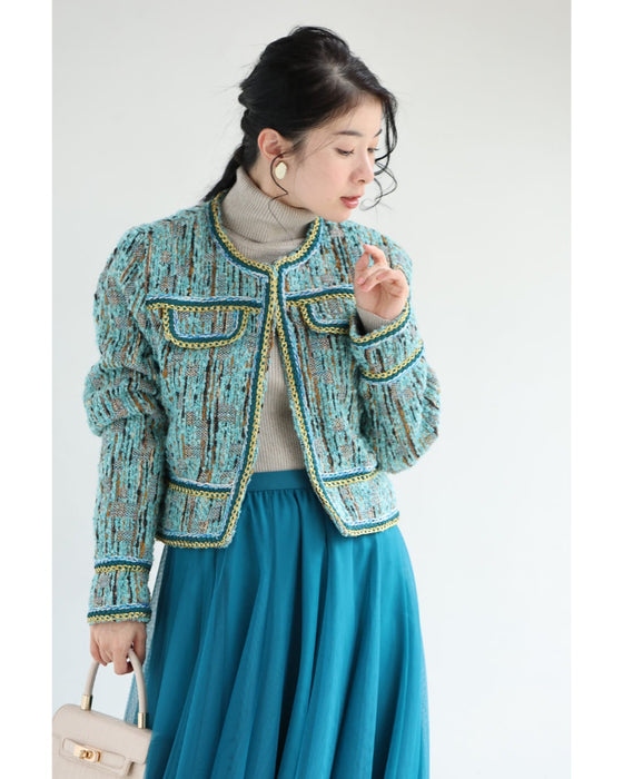 ブルーとゴールドのキレイ色ミックスツイードジャケット