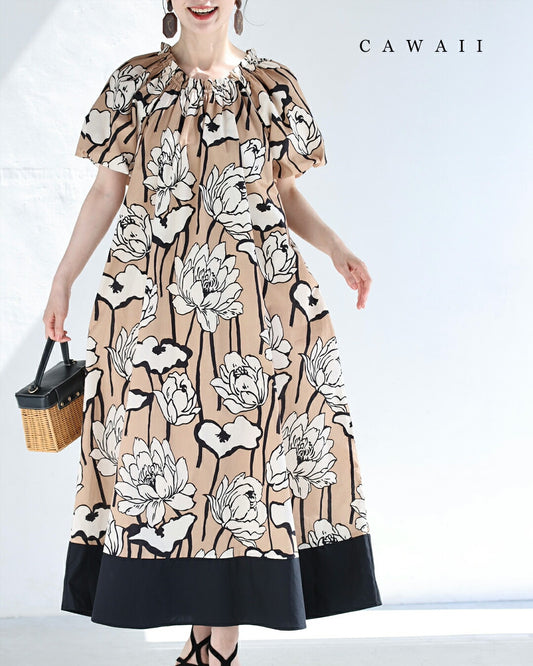 オフショルにも。バルーン袖の花画ロングワンピース(ベルト付き)