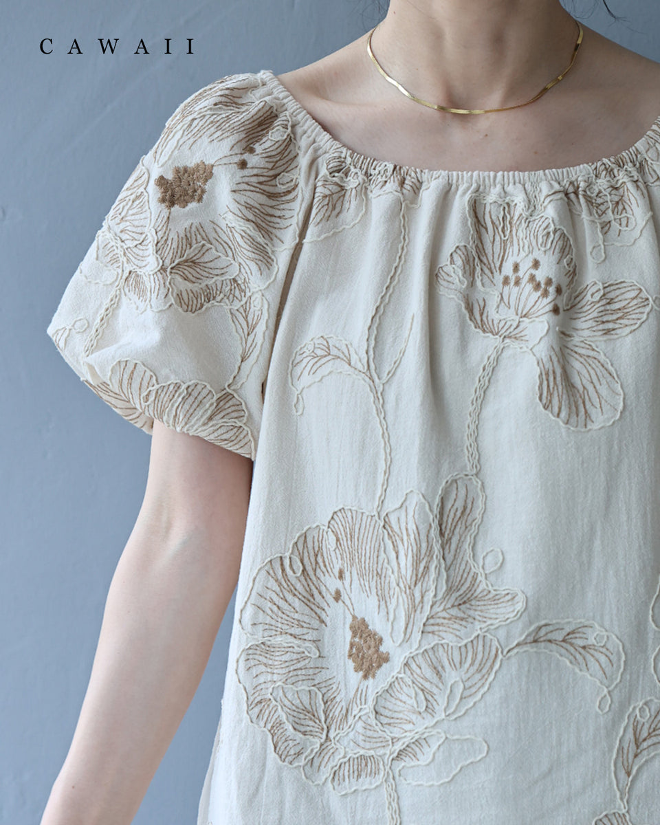 フルーツ刺繍　パフスリーブ　ワンピース 大輪の花刺繍パフスリーブプルオーバートップス – ONE PEACE ONLINE