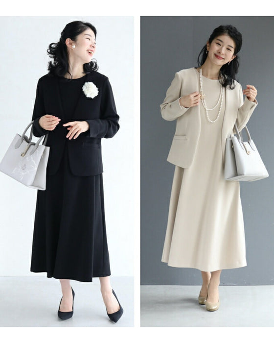 【コーデセット】セレモニーから普段まで 1日着ても疲れない 伸縮スーツ ジャケット ワンピース2点セット